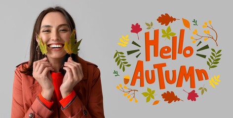 Banner with stylish young woman with fallen leaves. Hello autumn