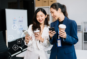 Two businesswoman and man discuss investment project working and planning strategy