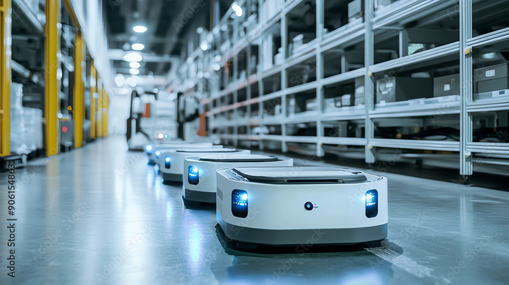 Poster autonomous delivery robots efficiently transporting goods in a modern warehouse environment