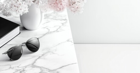 Stylish Essentials: Sunglasses and a Book with Pink Cherry Blossoms on a Marble Table