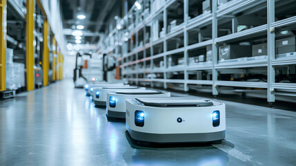 Autonomous Delivery Robots Efficiently Transporting Goods in a Modern Warehouse Environment