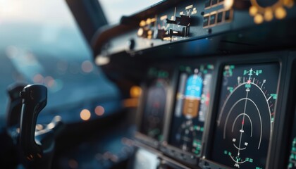 Close-up view of an airplane cockpit with controls and instruments.