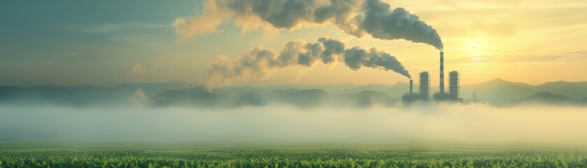 Obraz premium Industrial Plant Emitting Smoke in Foggy Field