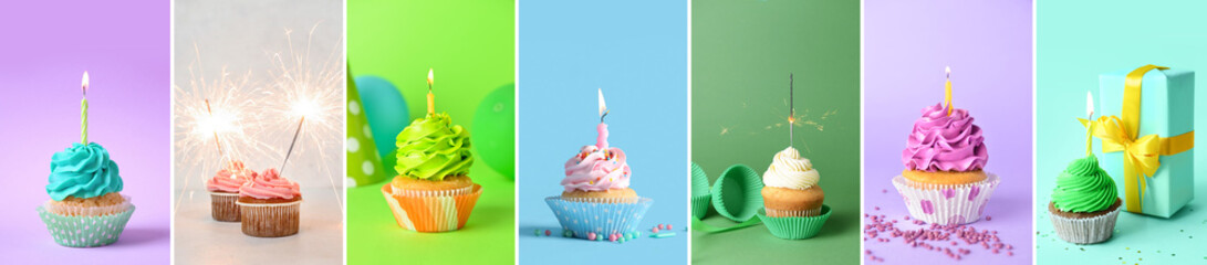 Set of many Birthday cupcakes on color background