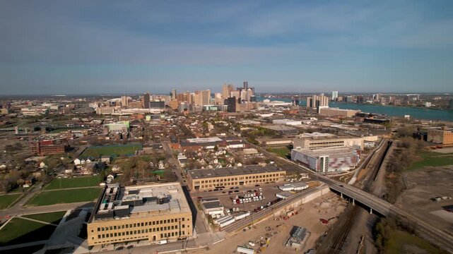 Aerial view of Detroit downtown, Detroit is a second largest city in American Heartland is home to 4.3 million people.