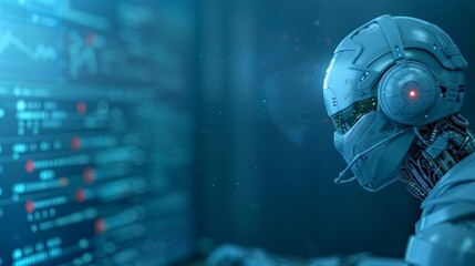 Obraz premium Advanced Robot Analyzing Data on Computer Screen