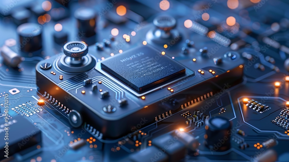 Poster close-up of microchip on circuit board