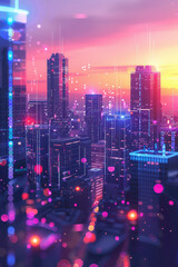 Fototapeta premium A house is shown on a circuit board with a bright blue background. The house is lit up with lights, giving it a warm and inviting appearance. The circuit board itself is a representation of technology