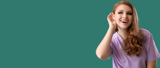 Young gossip woman trying to hear something on green background, closeup
