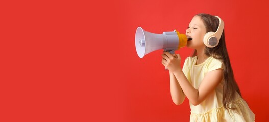 Little girl with megaphone listening to music on red background with space for text
