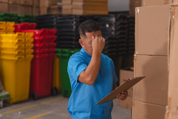 A supervisor or clerk looking stressed after some quality control failures, poor handling or...