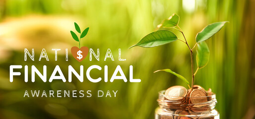 Jar with coins and plant outdoors. Money savings concept