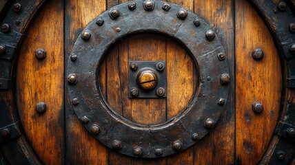 Antique wooden door with circular iron reinforcement