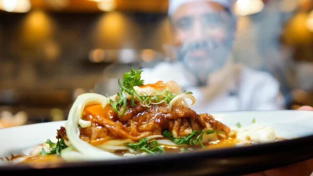 Chef Presents Gourmet Dish at Upscale Restaurant During Evening Service