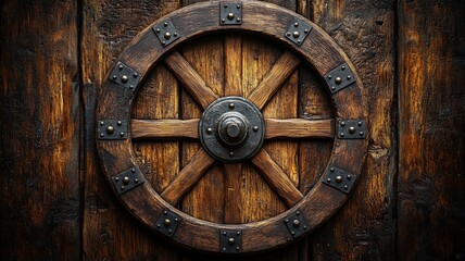 Fototapeta premium Antique Wooden Wheel on a Rustic Door