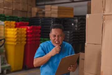 A middle aged clerk sneezes while working inside a warehouse. Allergic to dust.