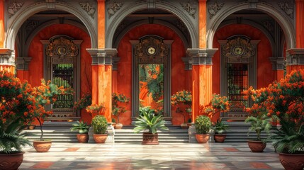 Obraz premium Background depicting a spiritual landscape of East Java, combining elements of Hindu and Buddhist architecture with a vintage touch to highlight the historical significance of the region 