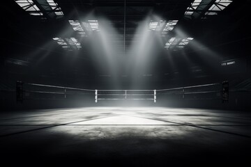 Illuminated boxing and wrestling rings in futuristic settings.