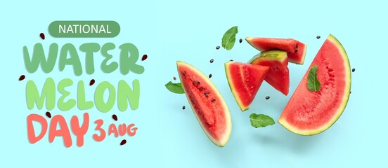 Slices of ripe watermelon on blue background. Banner for National Watermelon Day