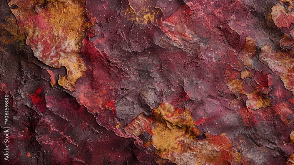 Poster red and brown elements in a vibrant intense pattern on a weathered stone texture