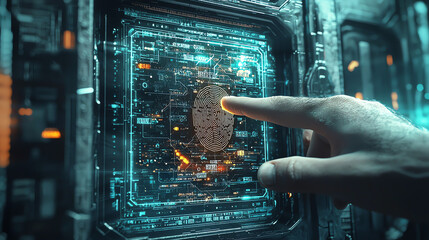 Digitally Enhanced Fingerprint Scanning Process in a High-Tech Environment With Vibrant Visual Effects