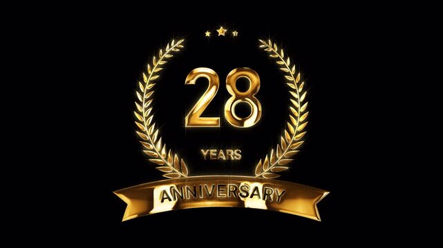 28th Anniversary Celebration. Happy 28 Years Anniversary Animation in Gold Color on the Transparent Background, Alpha Channel. Great for greetings, celebrations, events, and gifts.
