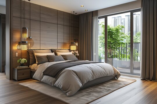Minimalist Modern Bedroom Interior with Gray and Beige Color Scheme, Soft Lighting, and 3D Rendered Grey Linen Bedding.