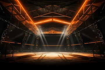 Illuminated boxing and wrestling rings in futuristic settings.
