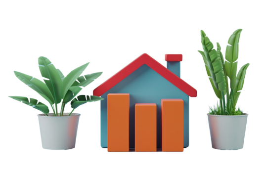 a house with a growing graph and potted plants