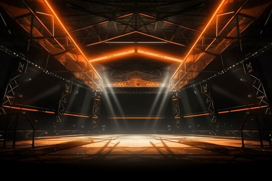 Illuminated boxing and wrestling rings in futuristic settings. - Powered by Adobe