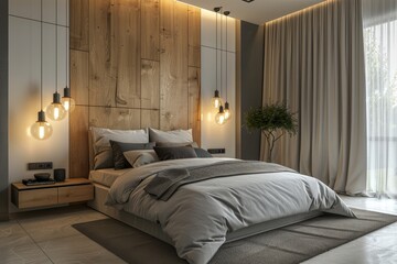 3D Rendered Modern Bedroom Interior with Leather Bed and Glass Cabinet, Featuring a Light Brown, White, and Gray Color Scheme and Warm Lighting.
