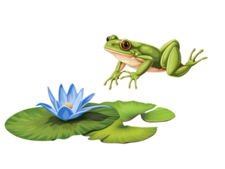 a frog jumping over a lily pad