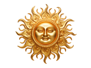 a gold sun with a face on it