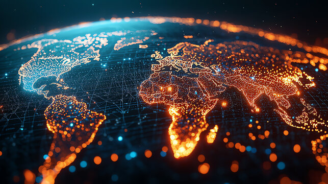 A Digital Representation of Earth Highlighting Global Connectivity Through Vibrant Light Patterns at Night