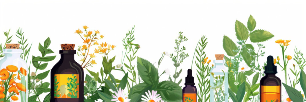 Herbal Medicine. Template with different species of medicinal plants, drug bottles, vials with medical drops, white background. Naturopathy, phytomedicine, phytotherapy. Horizontal banner, Copy space