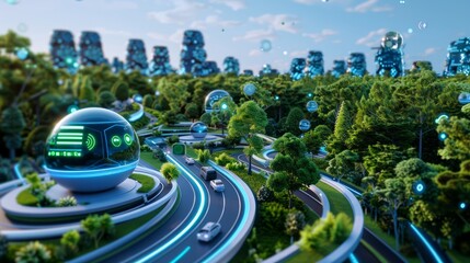 Obraz premium Futuristic urban park with holographic guides and IoT-connected environmental controls, highlighting the integration of advanced technology in public spaces, with copy space for text