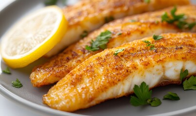 fried white fish on a plate, Generative AI