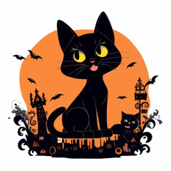 Mysterious black cat silhouette, vector art for Halloween design