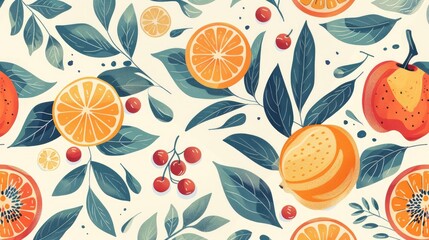 Stylized fruits and leaves in a circular hand drawn pattern