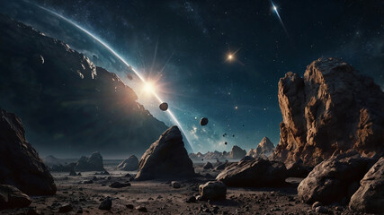 cinematographic take of celestial space and asteroids flying