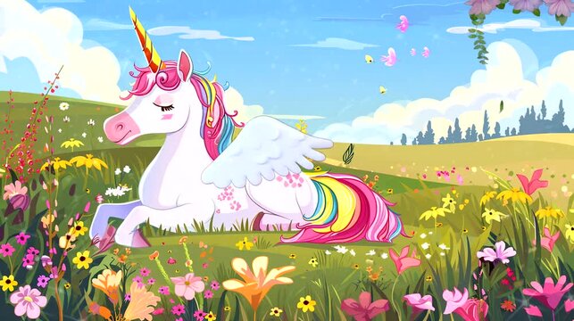 An unicorn with wings rests peacefully in a field of flowers. Seamless looping time lapse 4k video animation background
