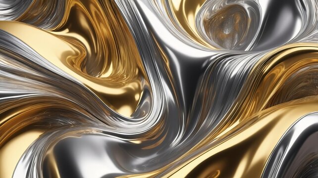 Abstract art wallpaper with gold and silver swirling liquid metal texture.