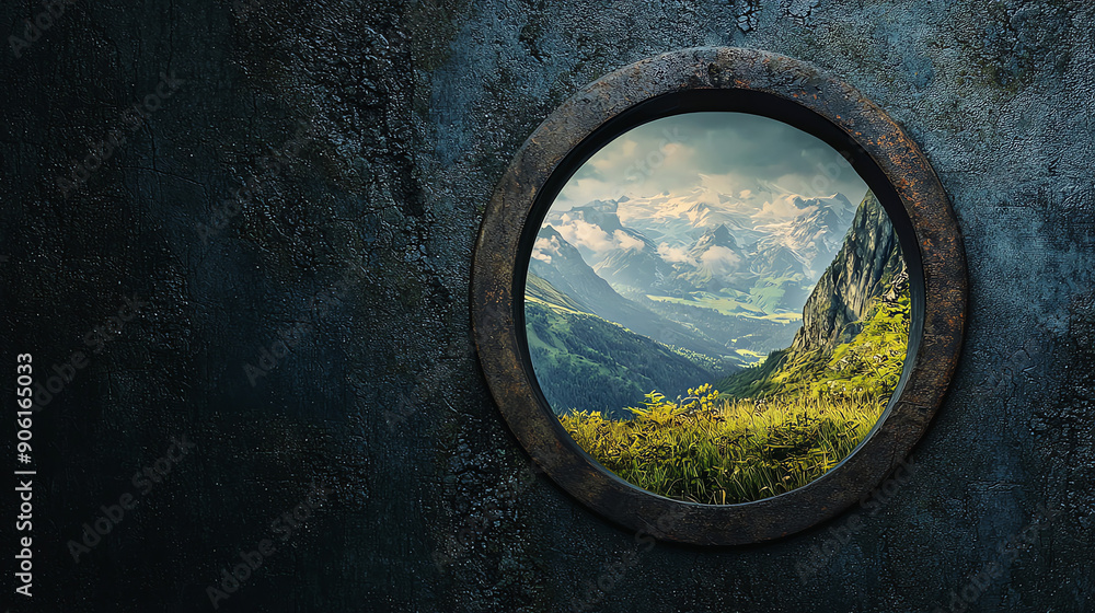 Poster beautiful mountain landscape view through round window frame in a rustic setting