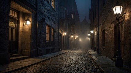 Fototapeta premium Mysterious, narrow cobblestone alley winds through ancient Italian city at night