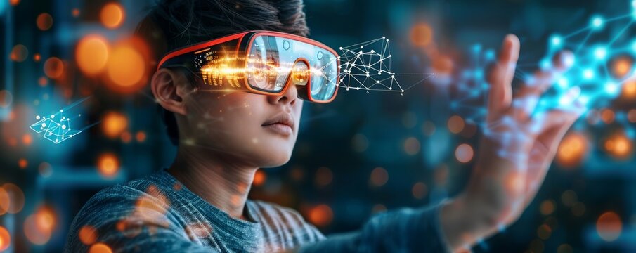 Person interacting with a quantum computing interface through a wearable device, demonstrating the seamless integration of technology into personal life, with copy space for text