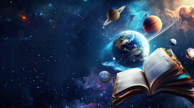 Globe, planets and open book against starry sky. World Science Day for Peace and Development. Space exploration concept. Horizontal banner. Free space for text. World youth skills day