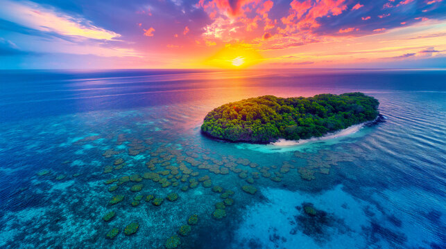 孤島と海の静寂 - グレートバリアリーフの夕暮れの美景