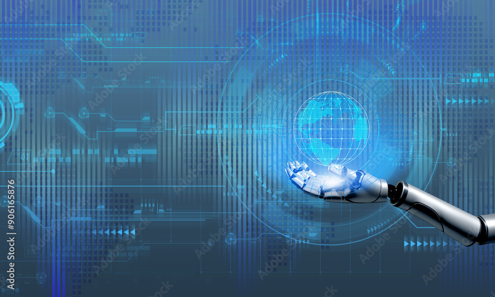 Poster hand body part robotic global earth world copy space blue element ai artificial intelligence machine