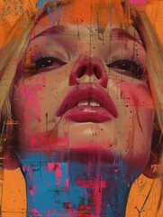 Abstract vibrant portrait of a woman with colorful paint splashes, showcasing intense emotion and artistic expression on an orange background.