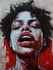 Expressive abstract painting of a person in emotional intensity with vibrant red and dark tones, enhancing powerful and raw facial features.